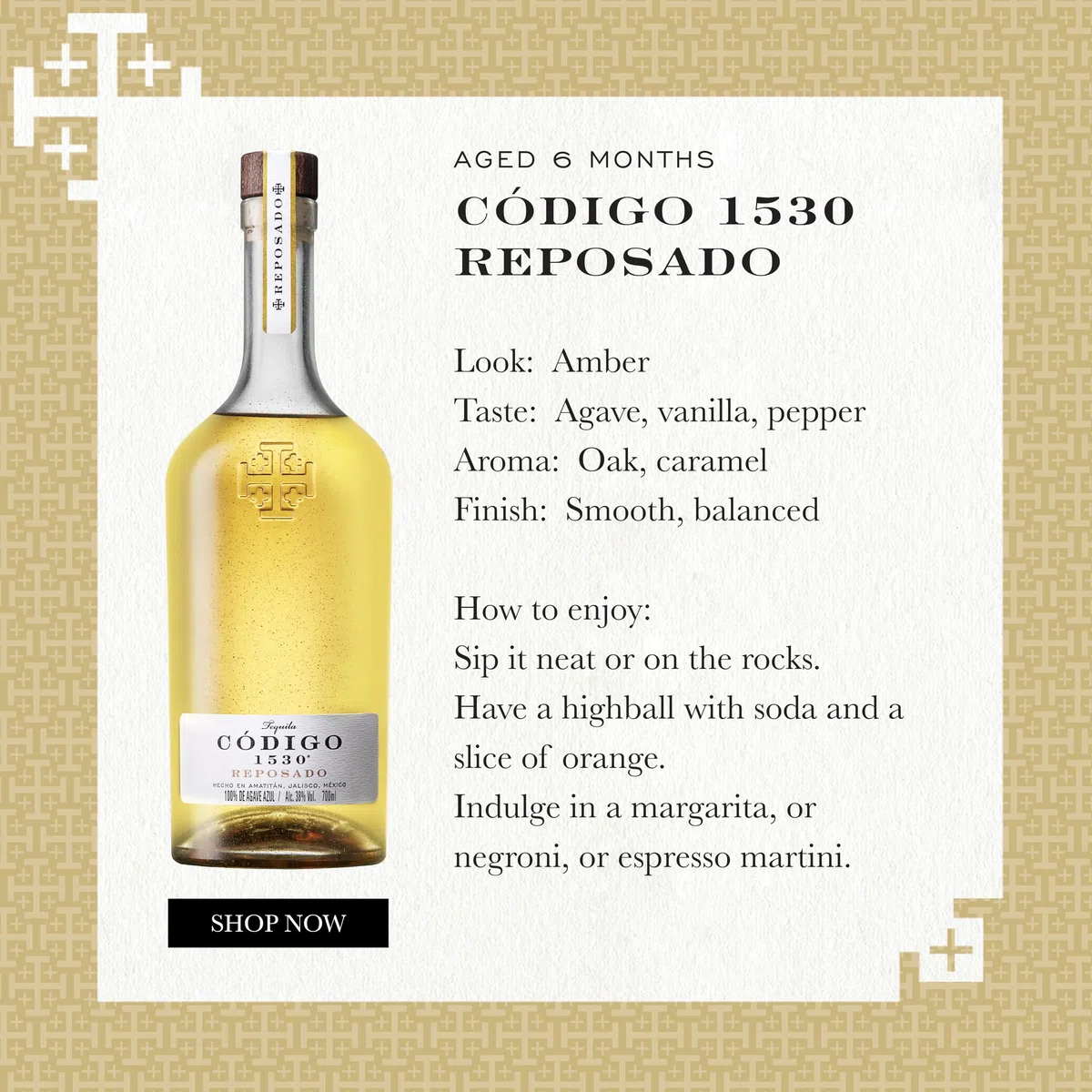 CODIGO 1530 Reposado Tequila 38% Vol. 0,7 l goldener Tequila mit Eiche und Karamell