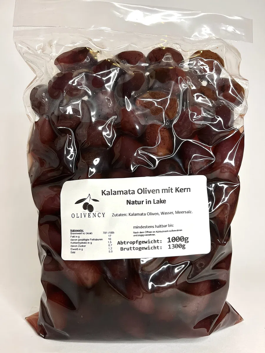 Kalamata Oliven mit Stein Natur in Lake 1000g vakuumiert Griechenland