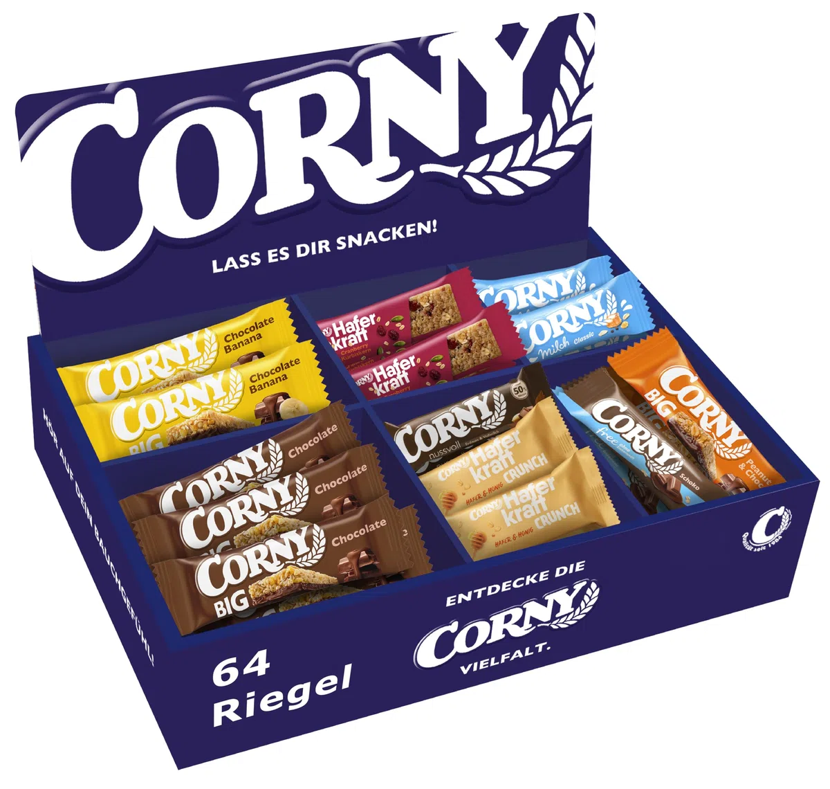 Corny Mix Box Müsliriegel Haferriegel Nussriegel Thekendisplay 64 Riegel 8 Sorten