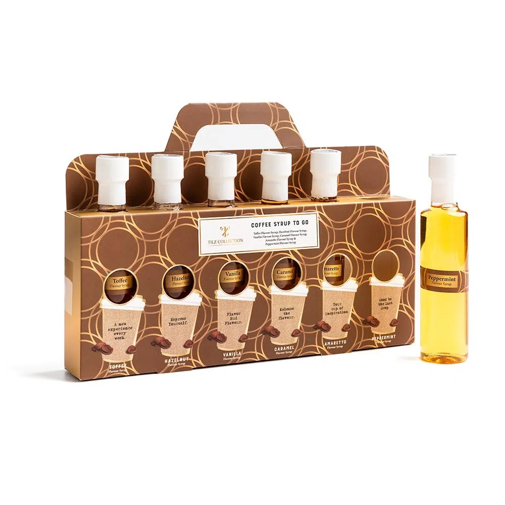 Premium Kaffee Sirup 6x 75ml Geschenkset Vanille Karamell Haselnuss Amaretto Pfefferminzsirup für Kaffeeliebhaber
