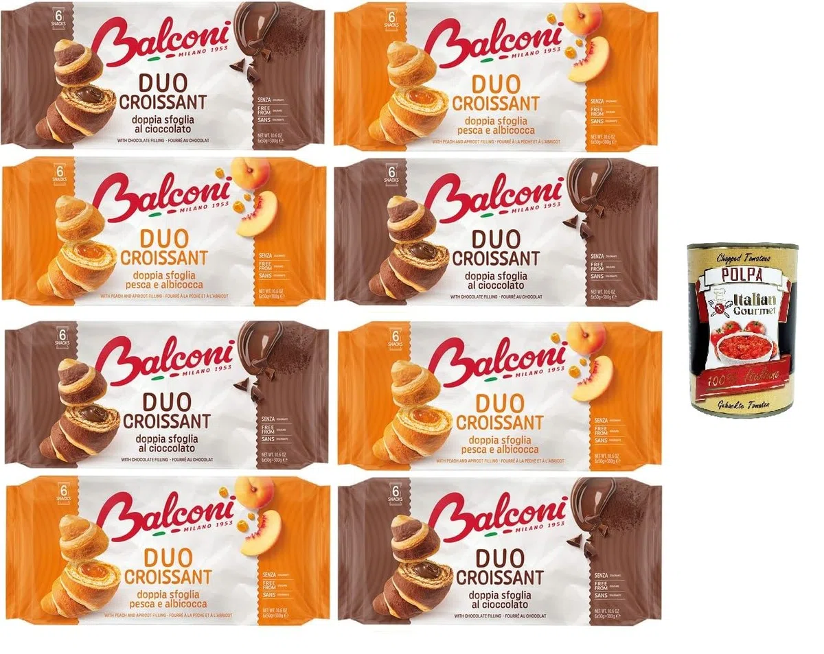 Balconi-Testpaket Croissant DUO Pesca/Albicocca e Cacao Doppelschichtiges Schokoladen-Croissant DUO Pfirsich/Aprikose und Kakao 8x300gr + Italian Gourmet polpa 400g