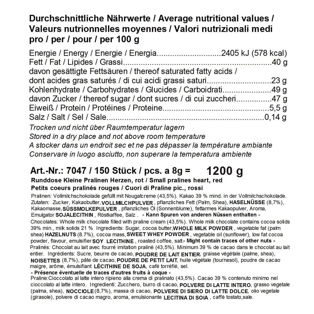 Günthart Pralinen Herzen gefüllt mit Nougat Creme 1.2 kg Gold