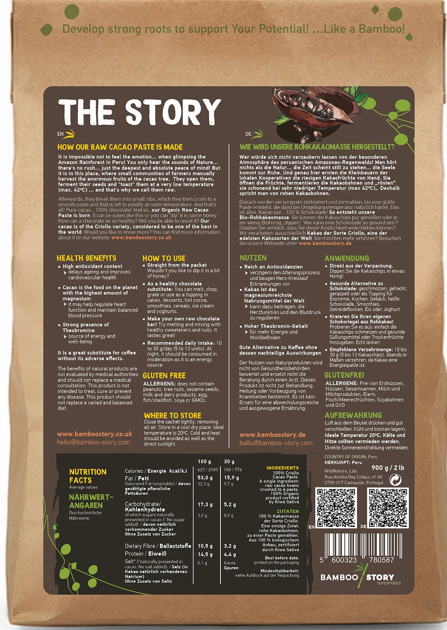 BAMBOO STORY Kakaomasse Drops Criollo Bio 100% Kakao Ohne Zuckerzusatz 900 g Single Origen Peru