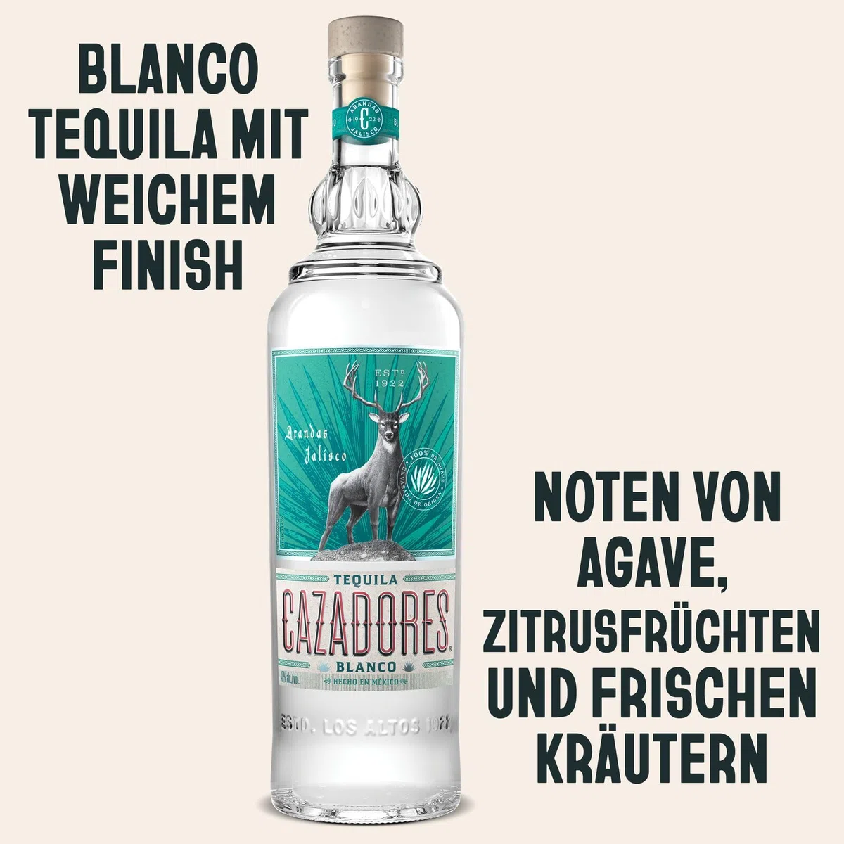 CAZADORES Tequila Blanco, 40% Alkoholgehalt, 70cl / 700ml, Doppelt Destillierter Alkohol aus 100% Blauer Weber-Agave