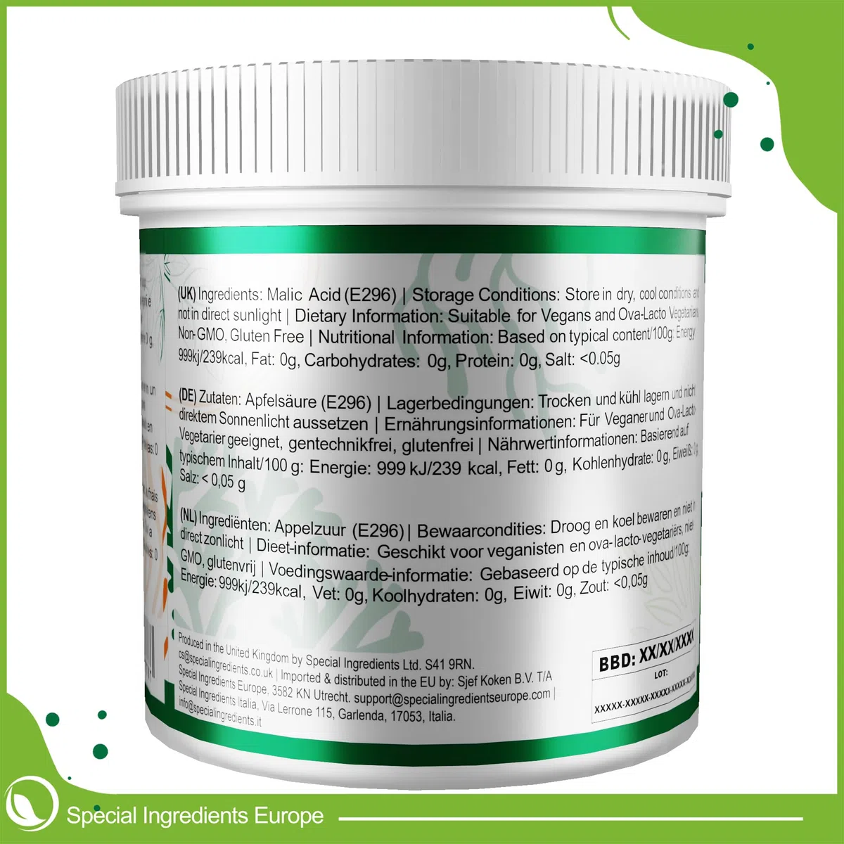Special Ingredients Apfelsäure Pulver 100 g - Malic Acid - Geschmacksverstärker, Konservierungsmittel & Säureregulator - Für die Herstellung von Wein, Bier & Spirituosen - Premium-Qualität