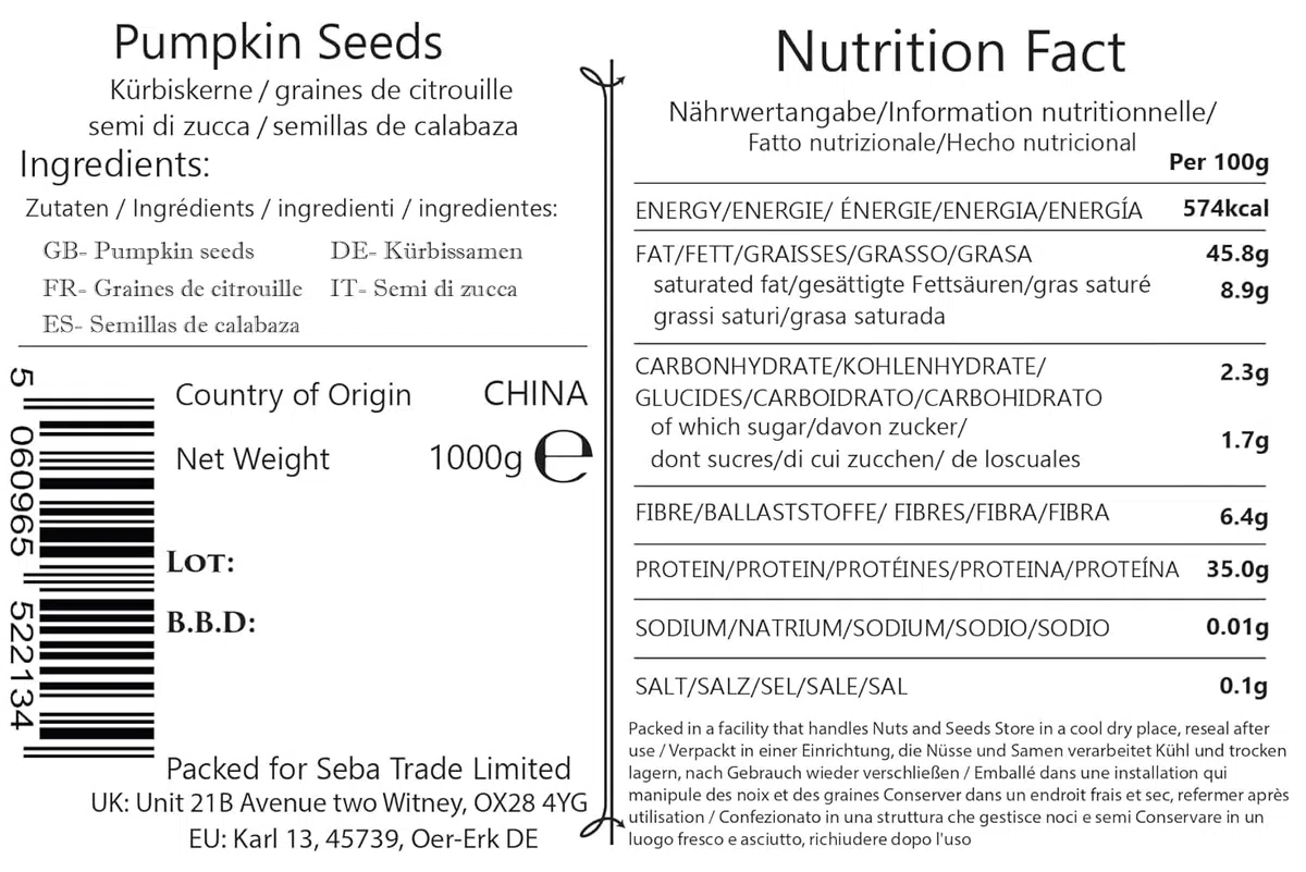 Seba Garden Kürbiskerne, 1000 g, Güteklasse AA, Rohproteinquelle, GWS (ohne Schale gewachsen), hoher Fasergehalt, Eisenquelle, gentechnikfrei (AA-Klasse)