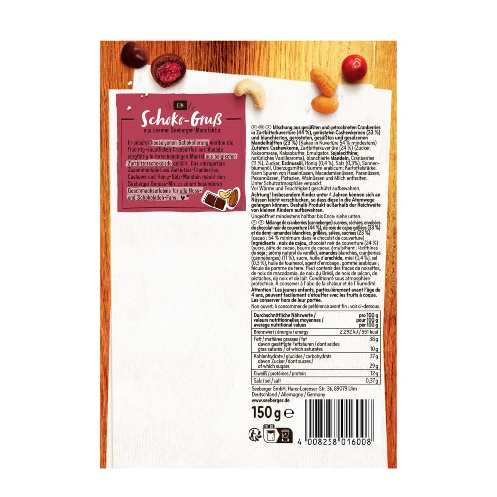 Seeberger Genuss-Mix 12er Pack, Cashewkerne, Mandeln, schokolierte Cranberries, süß & salzig, glutenfrei, vegetarisch (12 x 150 g)