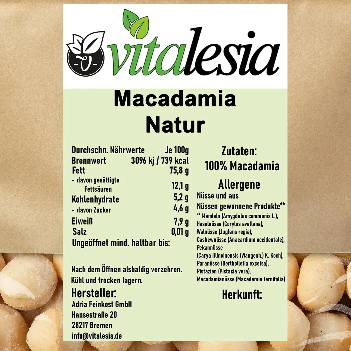 Vitalesia Macadamia Nüsse 500g | Premium Qualität aus Südafrika | roh, ungeröstet & ungesalzen | ohne Zusätze | Macadamianüsse naturbelassen 100 % | vegan