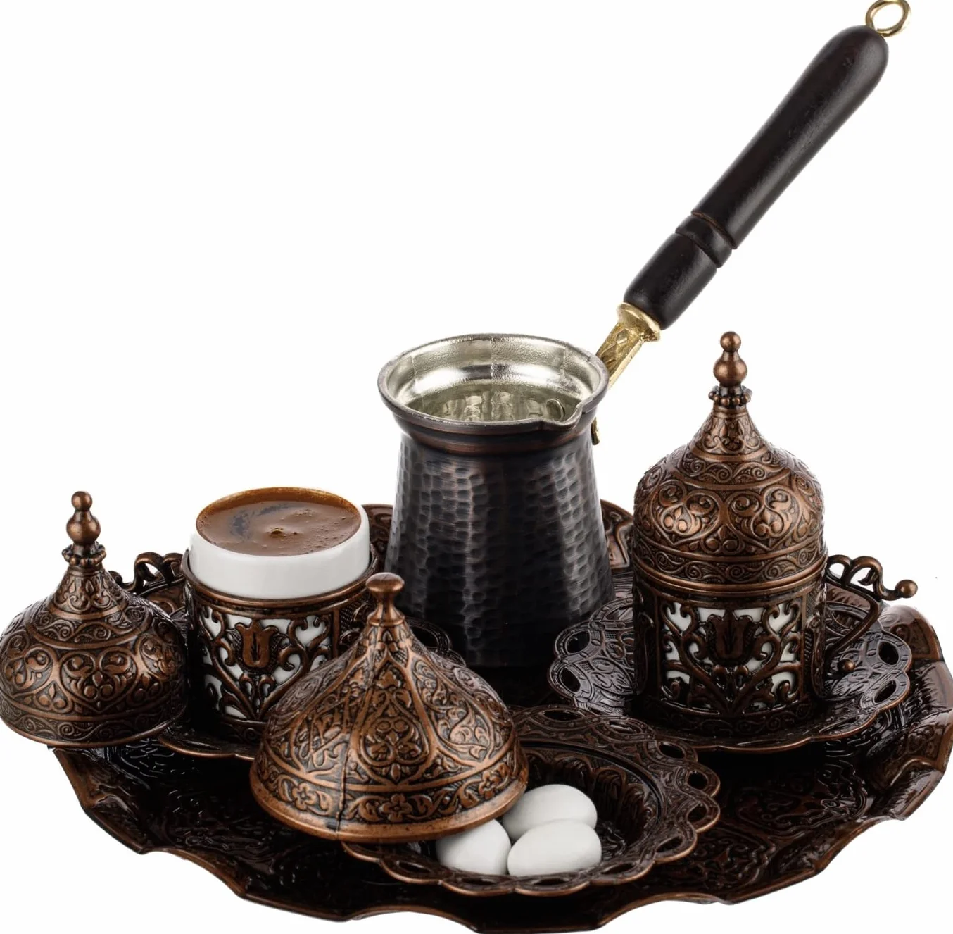 DEMMEX Kupfer Kaffeeset 12-teilig mit Tassen, Untertassen, Deckeln, Zuckerdose, Tablett und Kaffeekanne