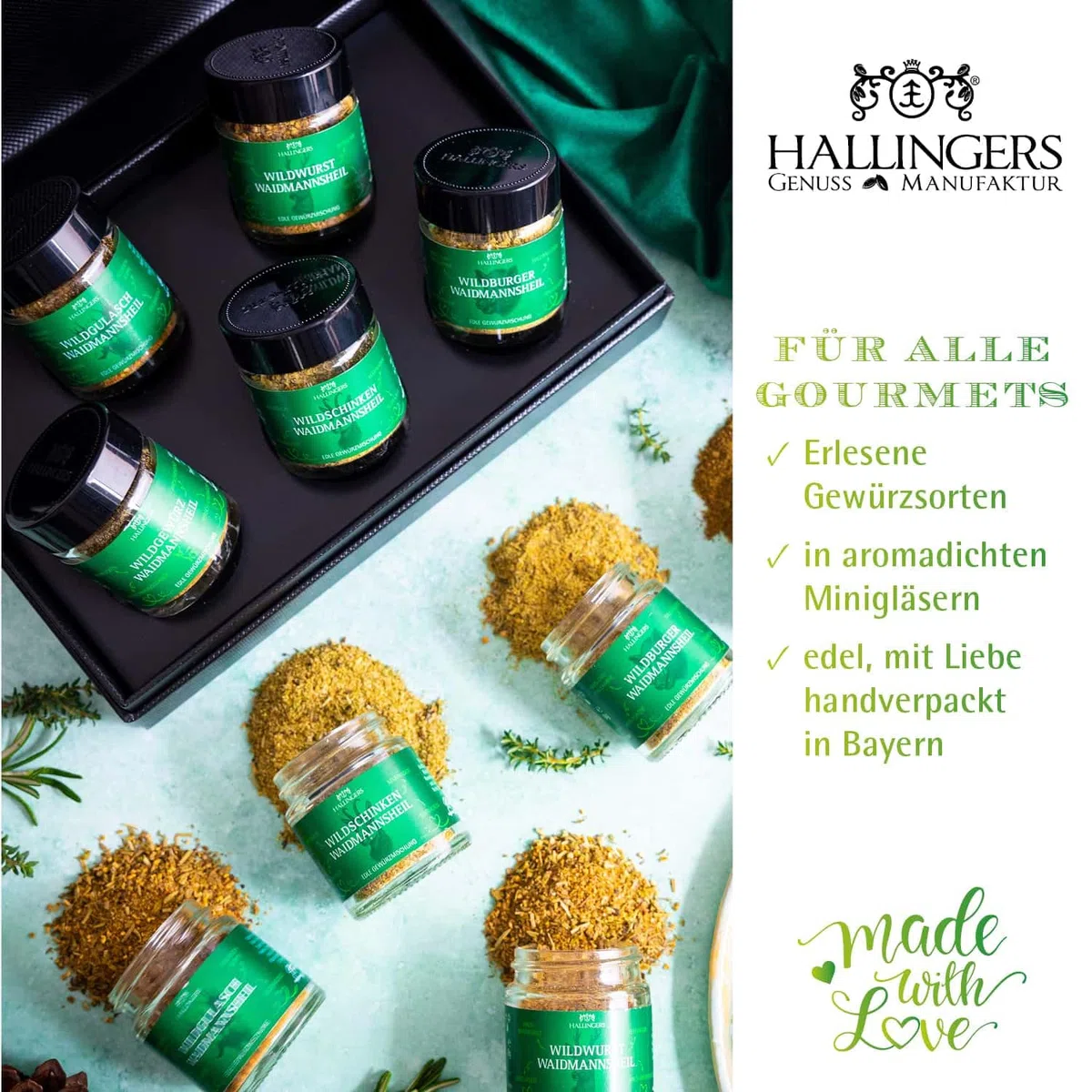 Hallingers Genuss Manufaktur Gewürz Jäger-Geschenk-Set - 5 Gewürze aus aller Welt in wertiger Geschenkbox mit Rezept-Booklet "Waidmannsheil", Jagd-Geschenkidee für Jäger