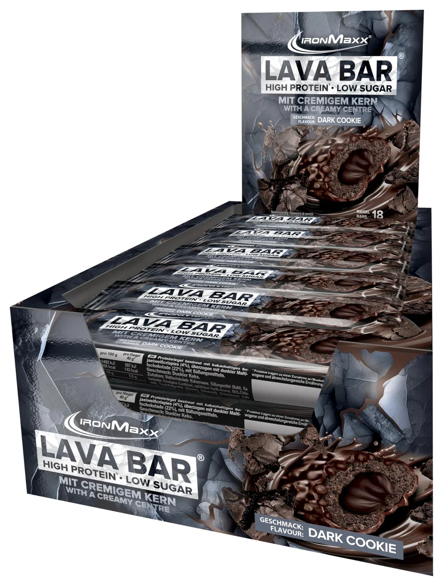 IronMaxx Lava Protein Bar Dark Cookie 18x40g High Protein Riegel mit cremigem Kern & Erdnuss-Karamell-Topping Zuckerarm ohne Palmöl