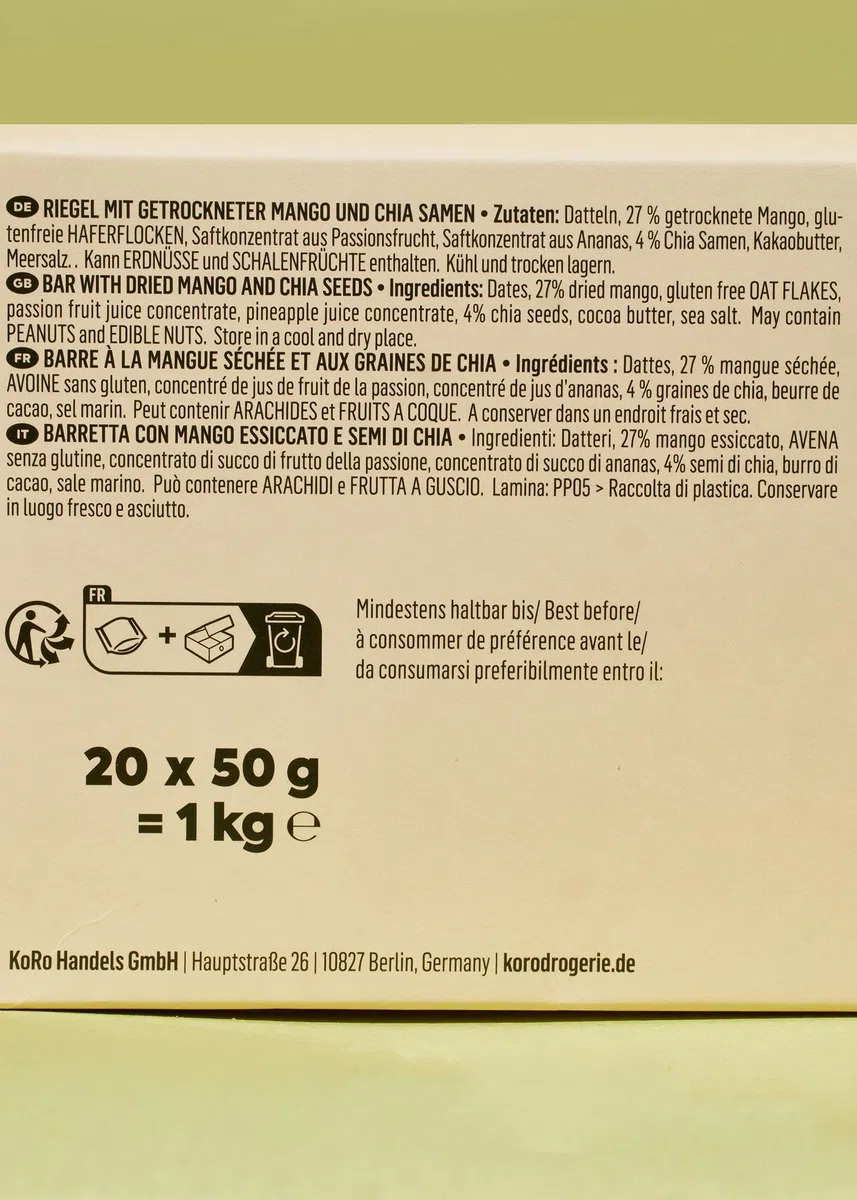 KoRo Raw Bar Mango-Chia 20 x 50 g 27% Mangoanteil Vegan glutenfrei
