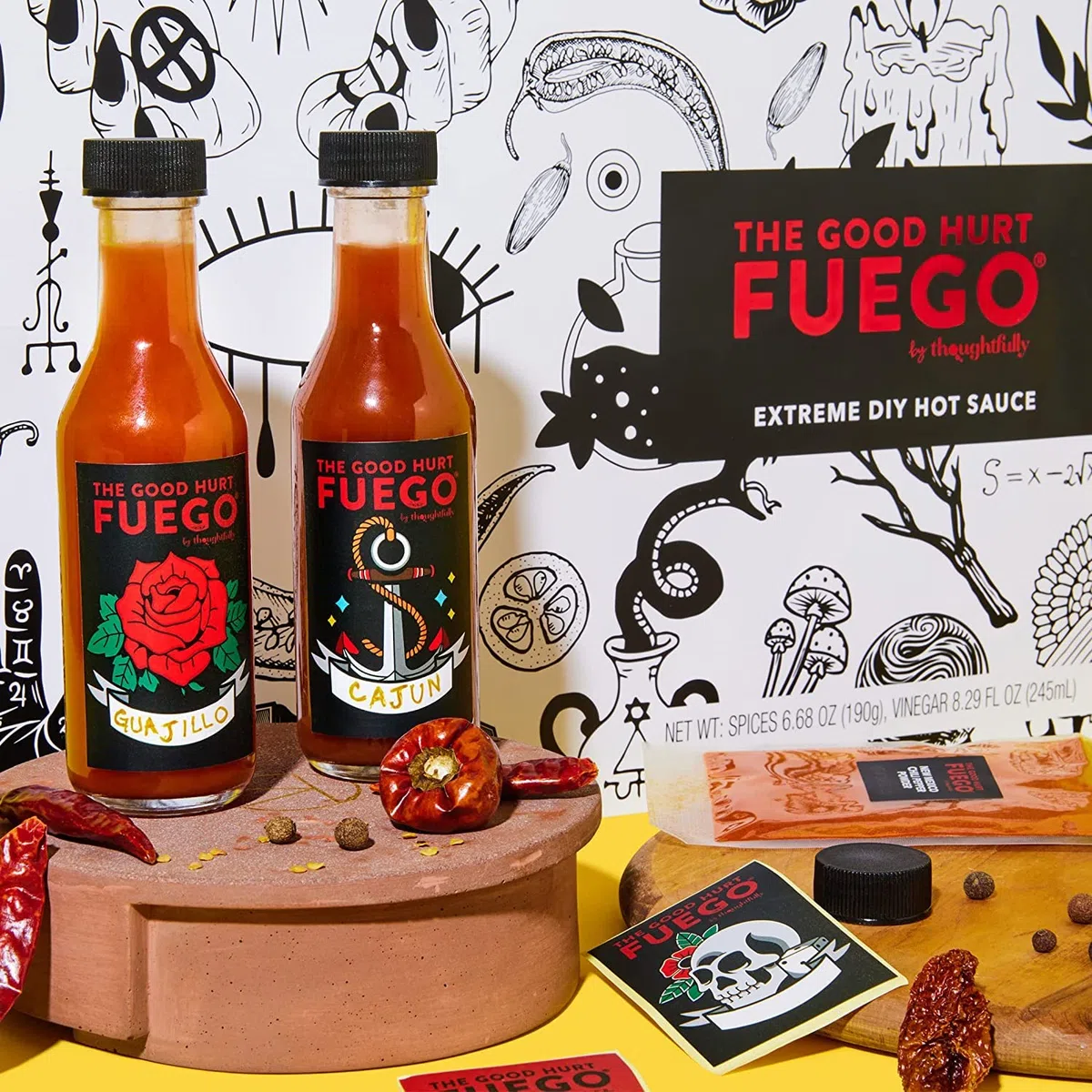 XXL DIY Scharfe Soße Set, großes Hot Sauce Kit, Geschenkset mit 4 Flaschen, Gewürzen, Rezeptheft