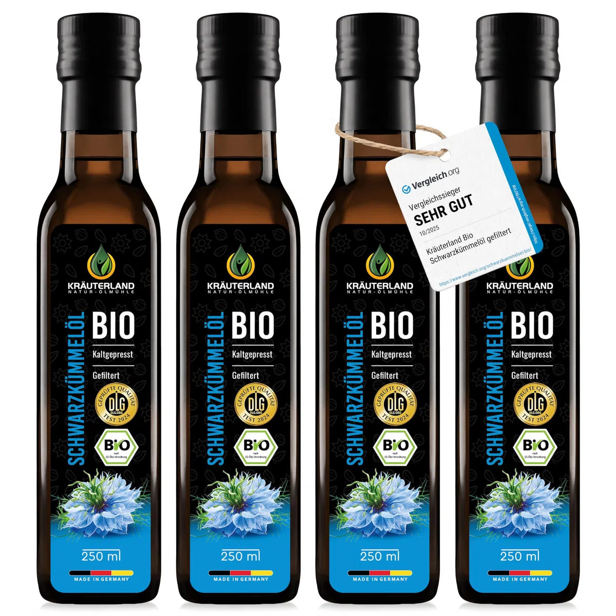 Kräuterland Bio Schwarzkümmelöl 4x250ml (1Liter) kaltgepresst gefiltert naturrein hoher Thymoquinon