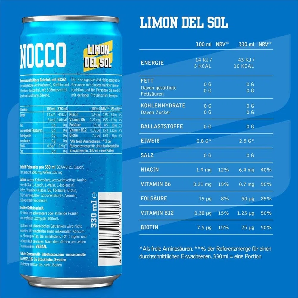 NOCCO BCAA energy drink 24er pack – zuckerfrei, vegan Energy Getränk mit Koffein, Vitaminen und Aminosäuren – Zitronengeschmack, 24 x 330ml inkl. Pfand (Limon Del Sol)