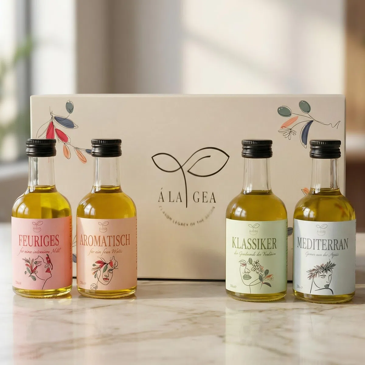 Á LA GEA Geschenkset Premium Aromatisiertes Olivenöl Chili Knoblauch Rosmarin Klassisch Mediterranes Gourmet Tasting Set