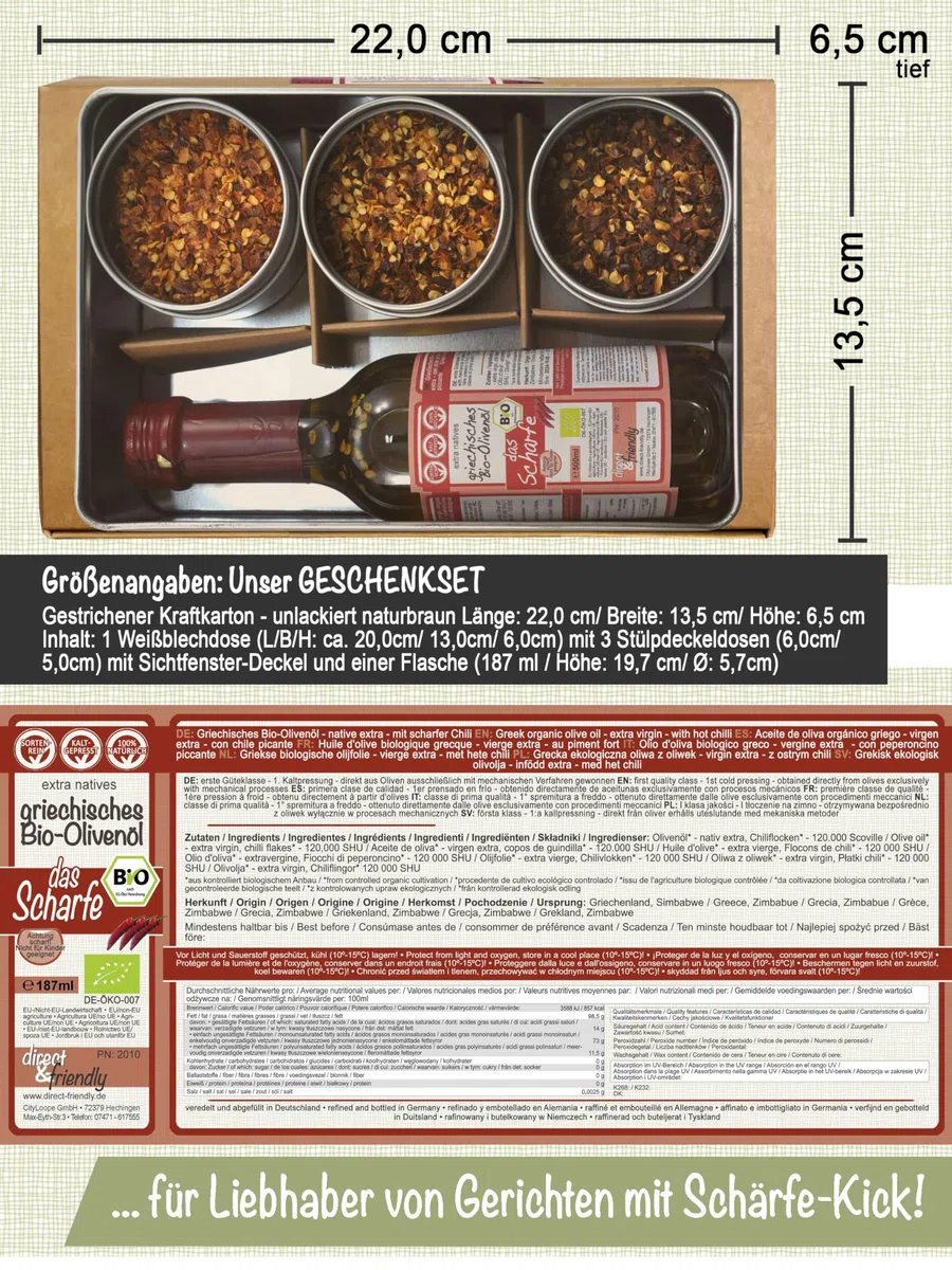 Bio Chili-Olivenöl extra scharf & Chiliflocken 3 Schärfegrade Geschenkset