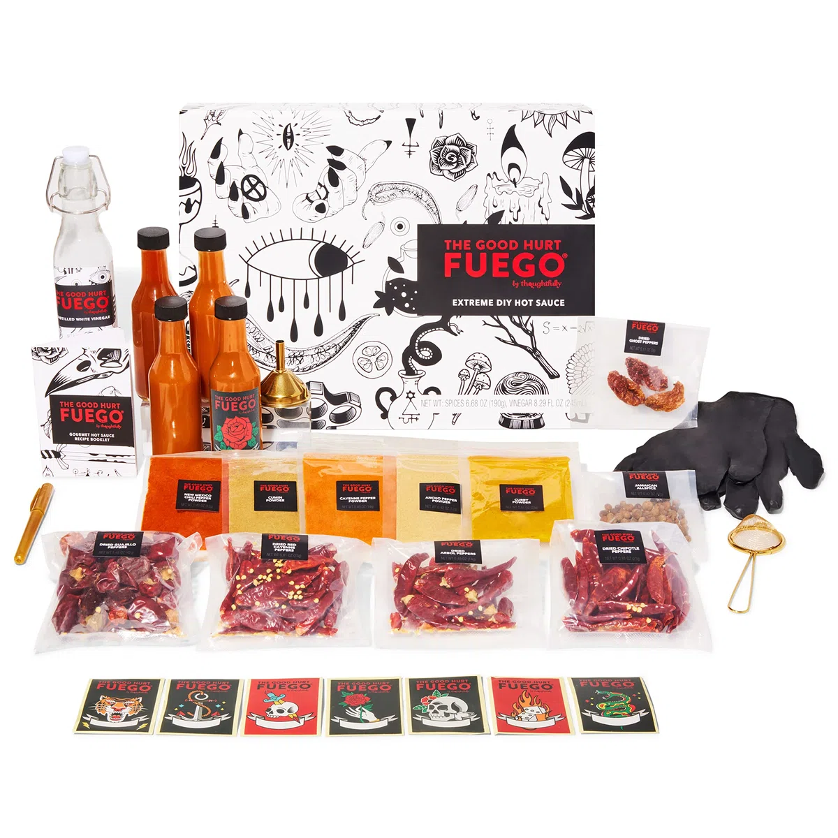 XXL DIY Scharfe Soße Set, großes Hot Sauce Kit, Geschenkset mit 4 Flaschen, Gewürzen, Rezeptheft