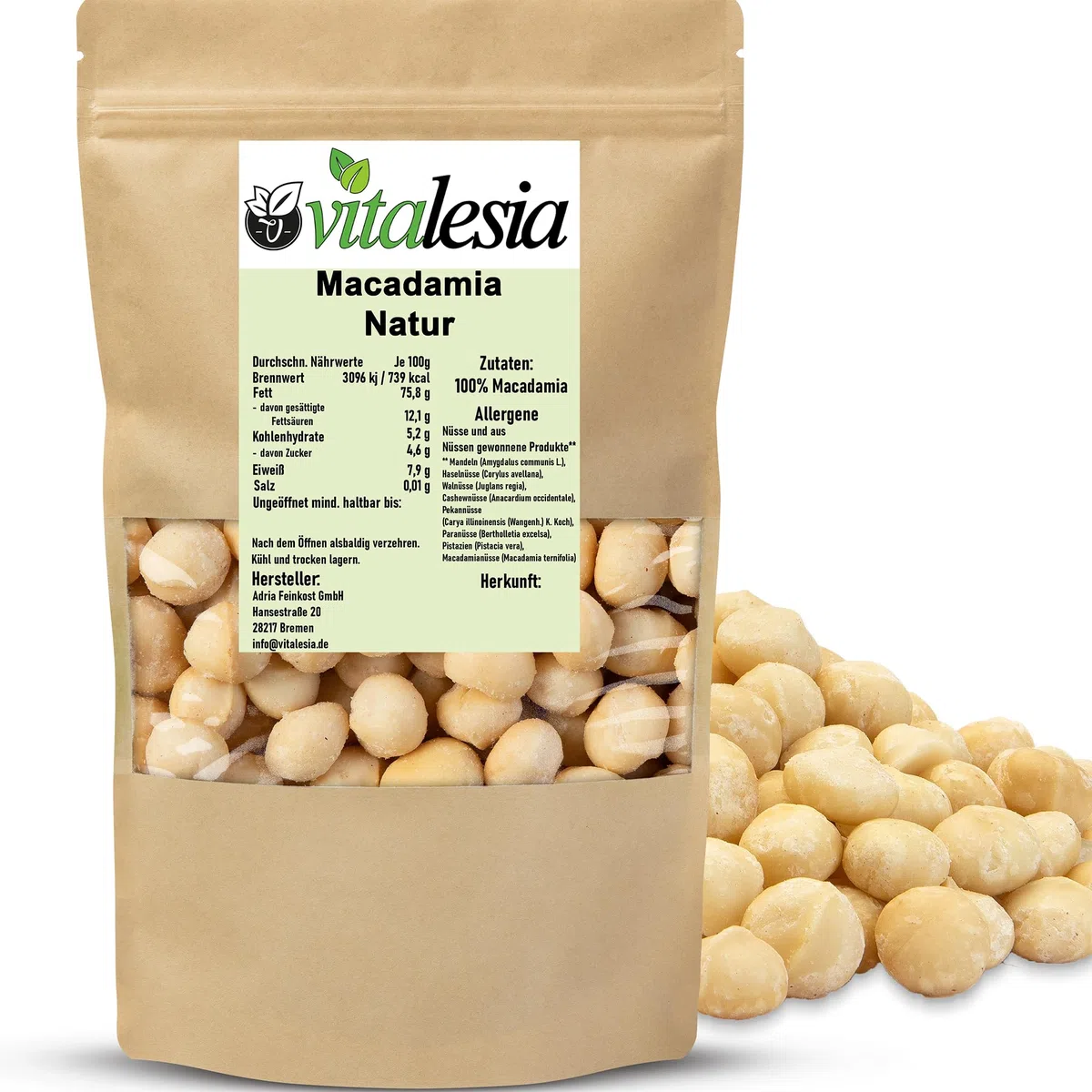 Vitalesia Macadamia Nüsse 500g | Premium Qualität aus Südafrika | roh, ungeröstet & ungesalzen | ohne Zusätze | Macadamianüsse naturbelassen 100 % | vegan