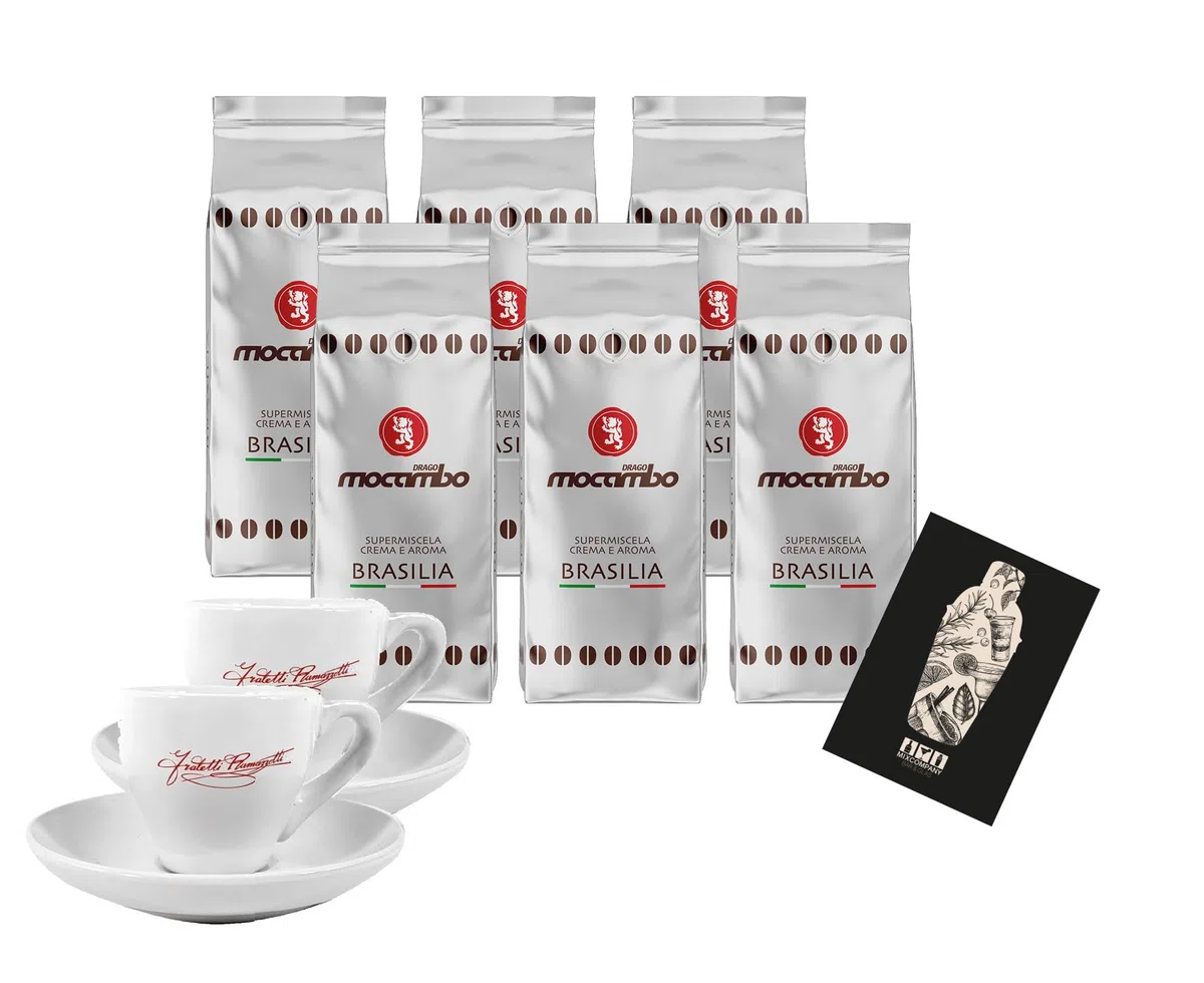 Drago Mocambo Brasilia 6x 1Kg Kaffee Caffé Bohne Dark Roast + 2x Ramazzotti Espresso Tasse