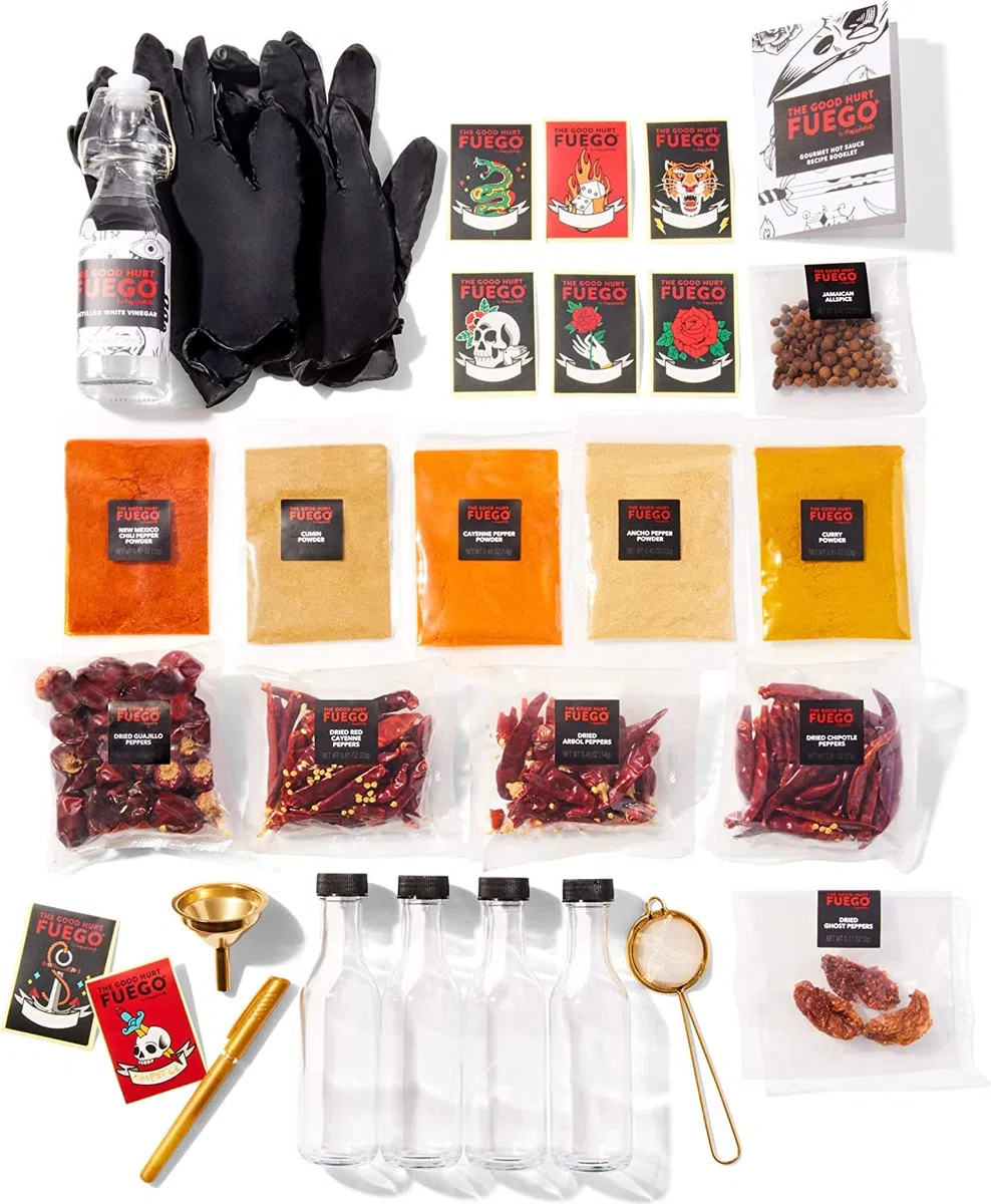XXL DIY Scharfe Soße Set, großes Hot Sauce Kit, Geschenkset mit 4 Flaschen, Gewürzen, Rezeptheft