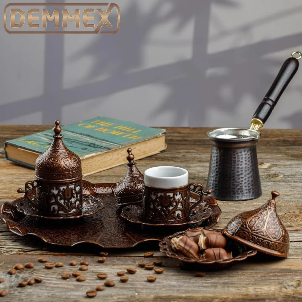 DEMMEX Kupfer Kaffeeset 12-teilig mit Tassen, Untertassen, Deckeln, Zuckerdose, Tablett und Kaffeekanne