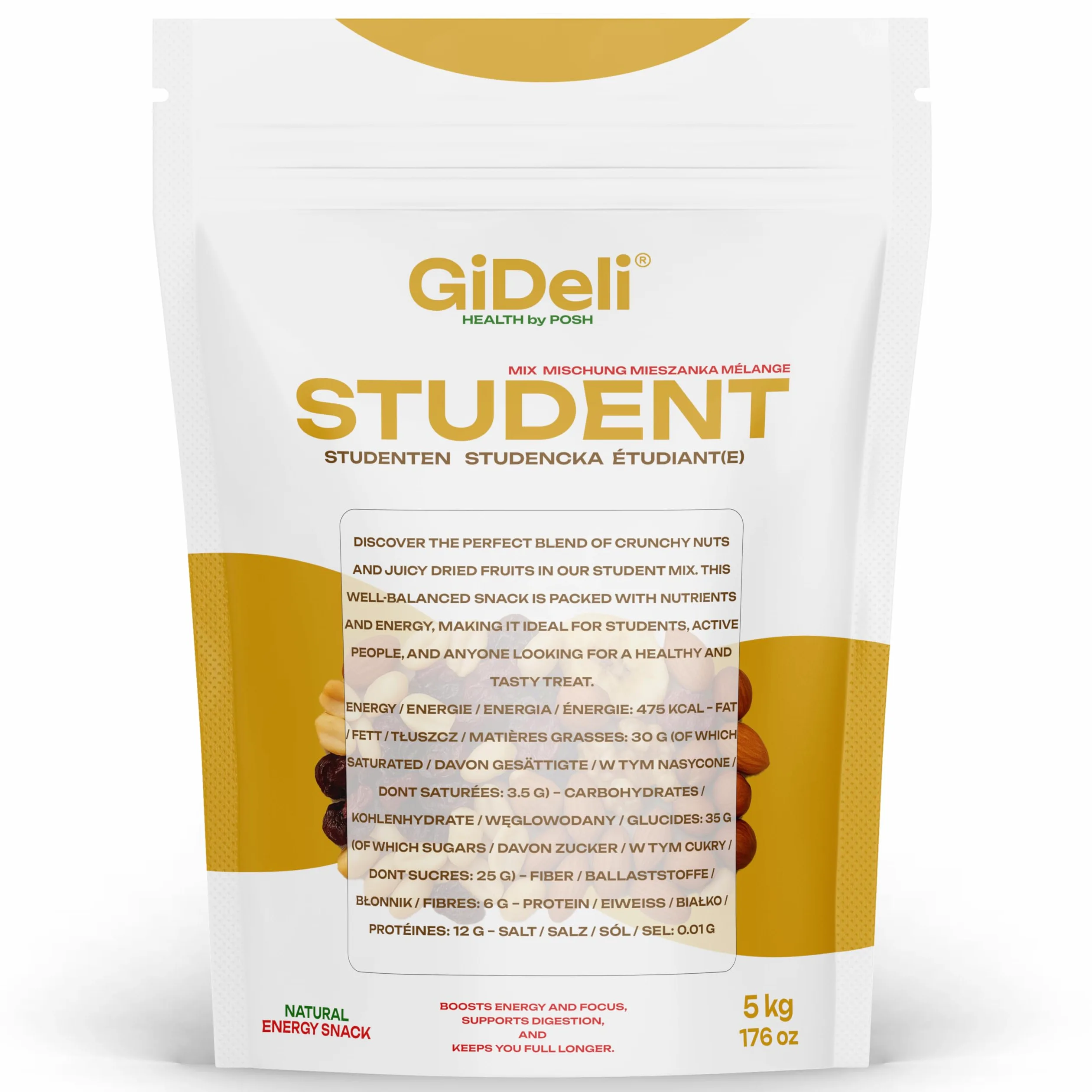 GiDeli Studentenfutter Premium 5kg Fruchtmischung mit Erdnüssen, Cashewkernen, Haselnüssen, Mandeln, Walnüssen, Rosinen, Cranberries & Bananenchips