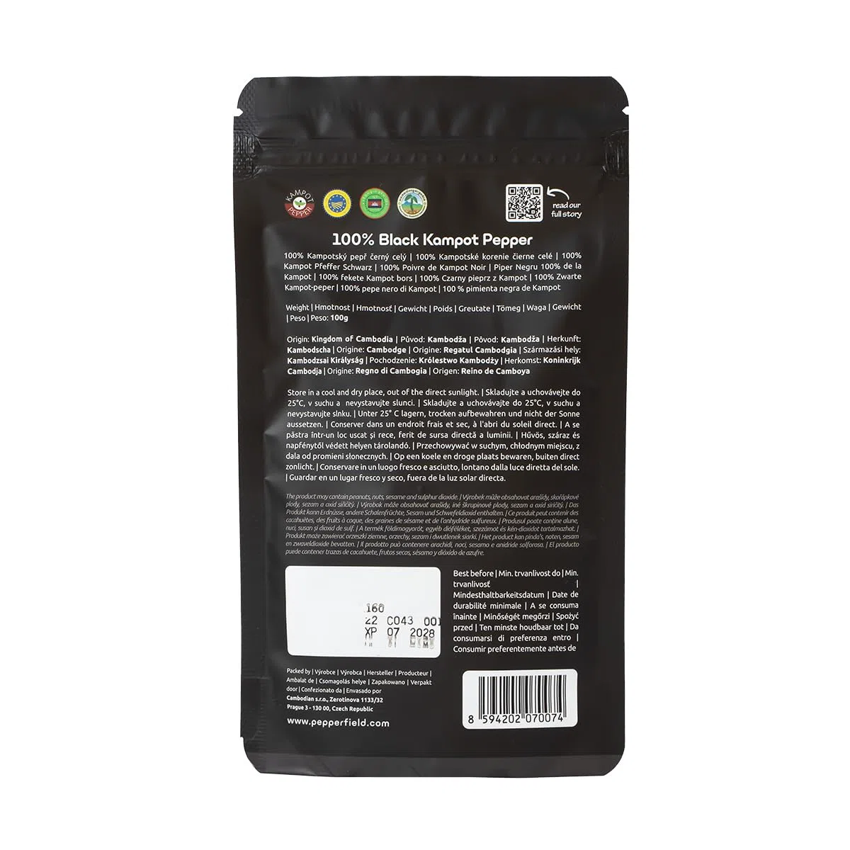 Pepper Field Kampot Pfeffer Schwarz – Premium Schwarzer Pfefferkörner Ganz aus Kambodscha, Frisch & Aromatisch, Ganze Pfefferkörner für Mühle & Küche, Great Taste, Ideal zum Kochen & Grillen (100g)