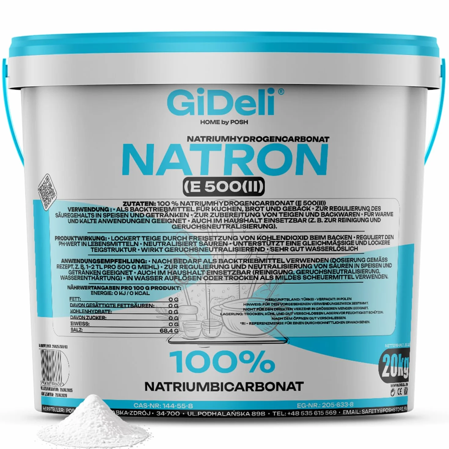 GiDeli Natron Pulver 20kg im Eimer Lebensmittelqualität - Natriumbicarbonat ohne Zusätze - Ideal zum Koche, Backen, Waschen und Putzen - Vielseitige Anwendung im Haushalt