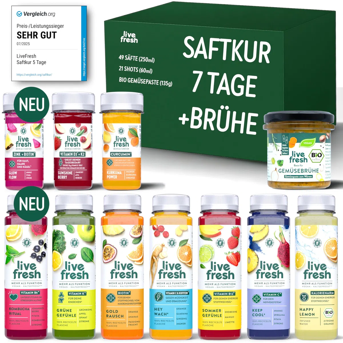 LiveFresh Saftkur 7 Tage + BIO Brühe – 49 Säfte (250ml) & 21 Shots (60ml) kaltgepresst + Bio Gemüsepaste (135g) – 743 Kalorien pro Tag – App