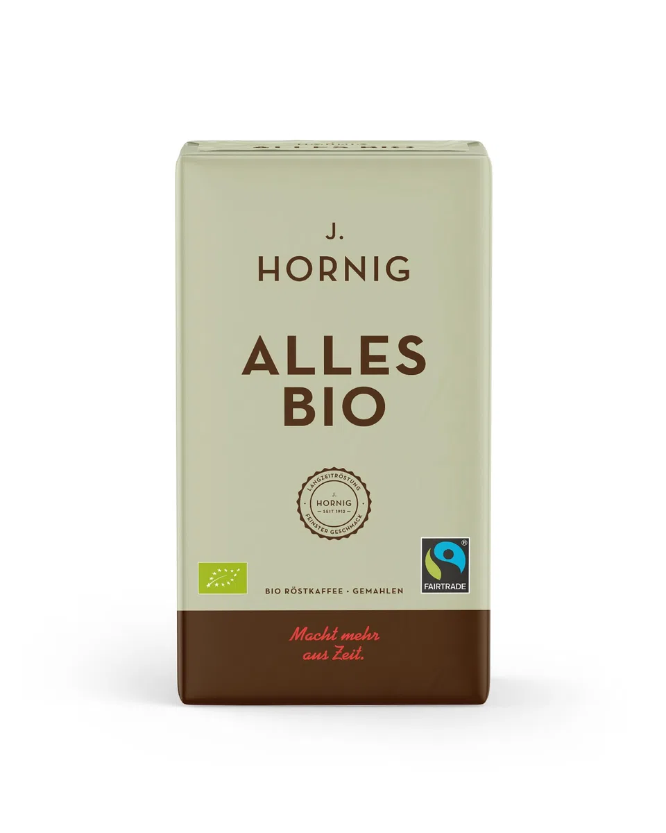 J. Hornig Kaffee gemahlen Bio & Fairtrade, Alles Bio, 500g, Arabica & Robusta, kräftiger Bio-Kaffee mit Noten von Kakao & Malz, für Filterkaffee, Espressokocher & French Press, Stärke 4/5
