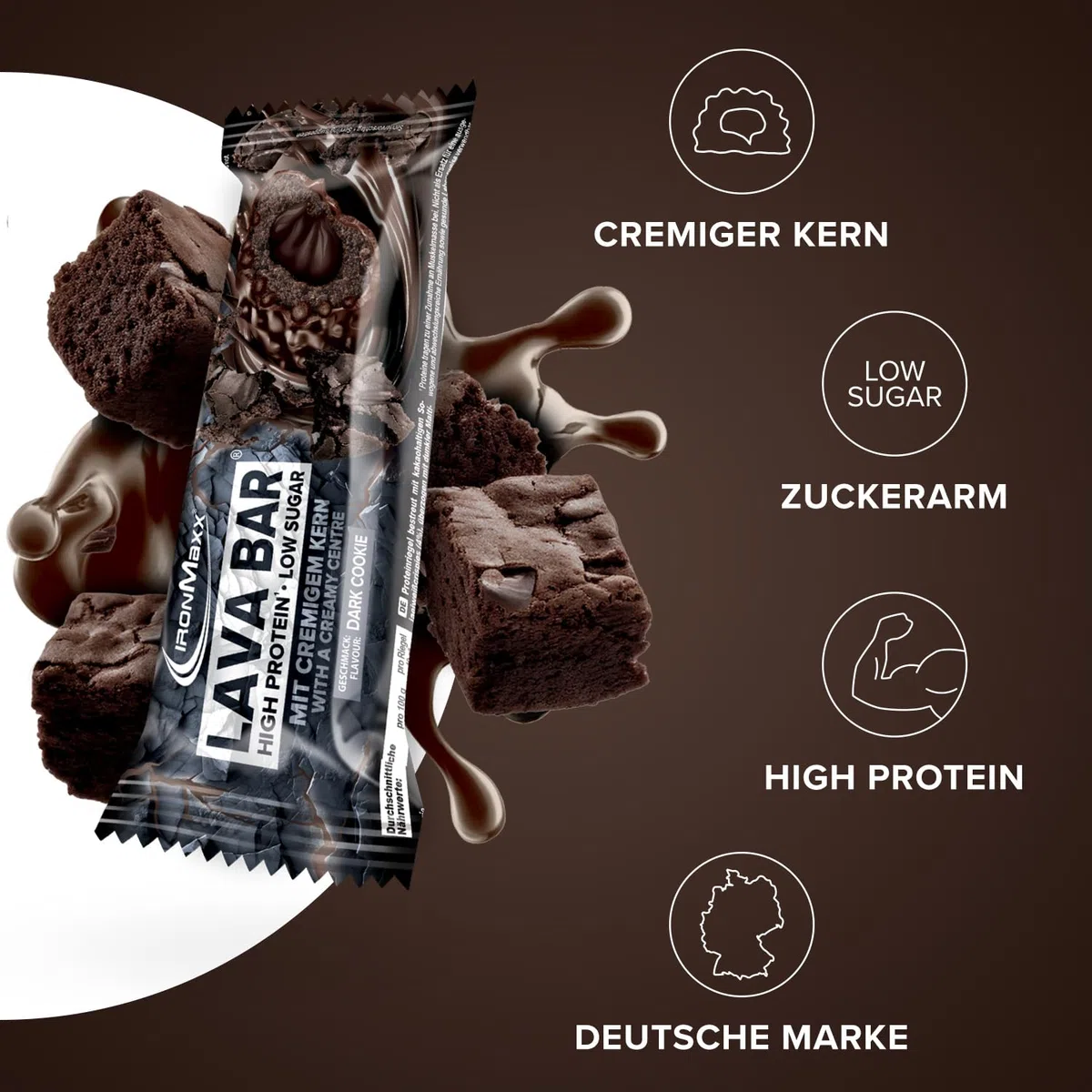 IronMaxx Lava Protein Bar Dark Cookie 18x40g High Protein Riegel mit cremigem Kern & Erdnuss-Karamell-Topping Zuckerarm ohne Palmöl