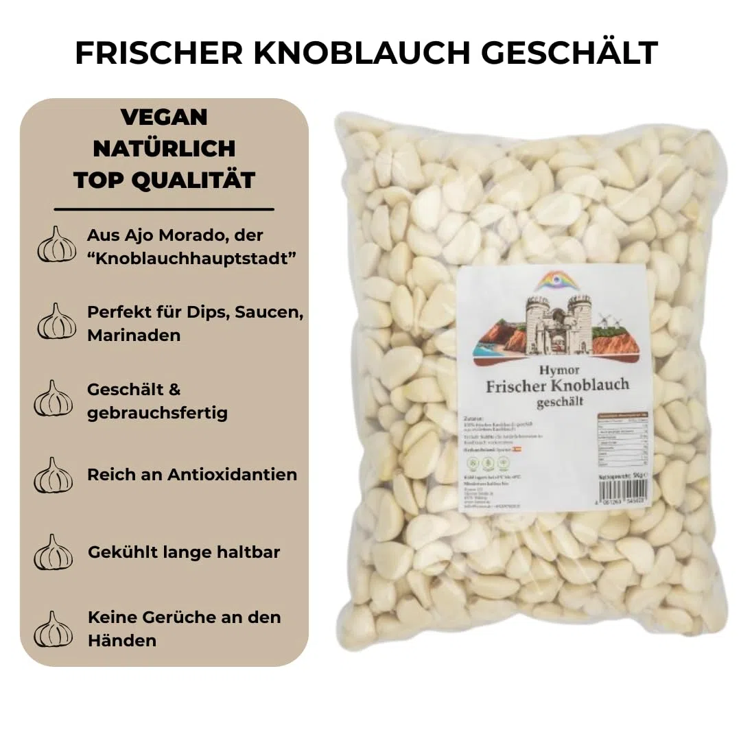 Hymor frischer Knoblauch geschält - 4x 1kg - geschälter Knoblauch aus Spanien, Ajo Morado aus Las Pedroñeras, sofort gebrauchsfertige spanische Knoblauch-Zehen, vielseitiges Würzmittel
