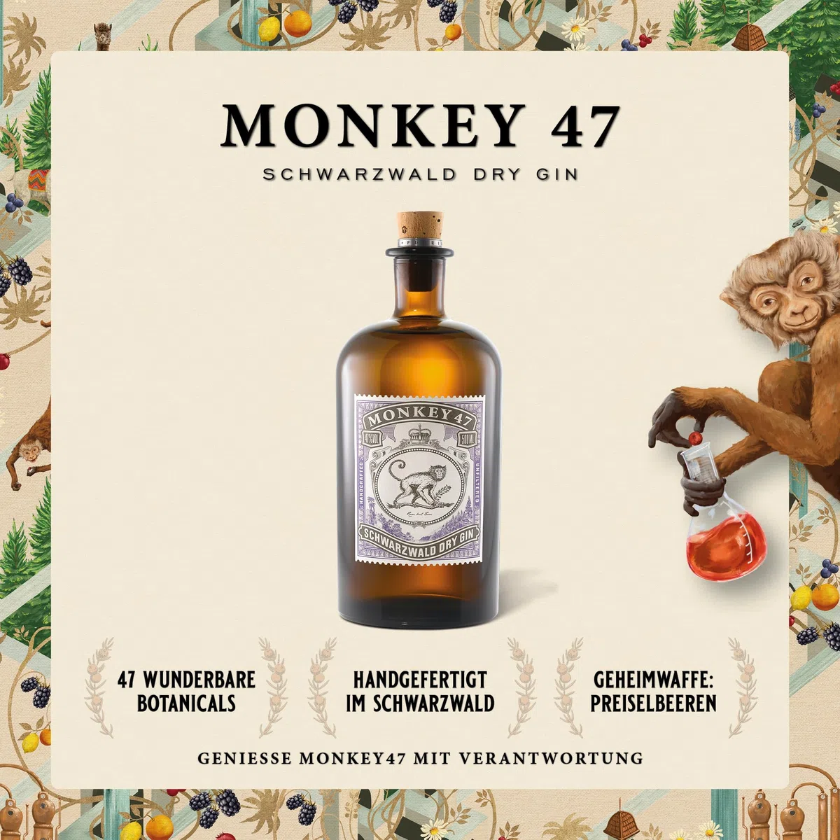 Monkey 47 Schwarzwald Dry Gin 0,5 L Premium Gin mit Wacholderaroma & Zitronennoten