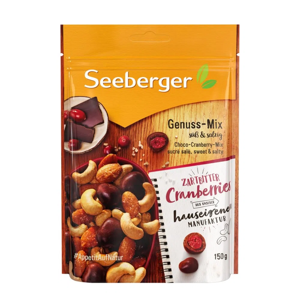 Seeberger Genuss-Mix 12er Pack, Cashewkerne, Mandeln, schokolierte Cranberries, süß & salzig, glutenfrei, vegetarisch (12 x 150 g)